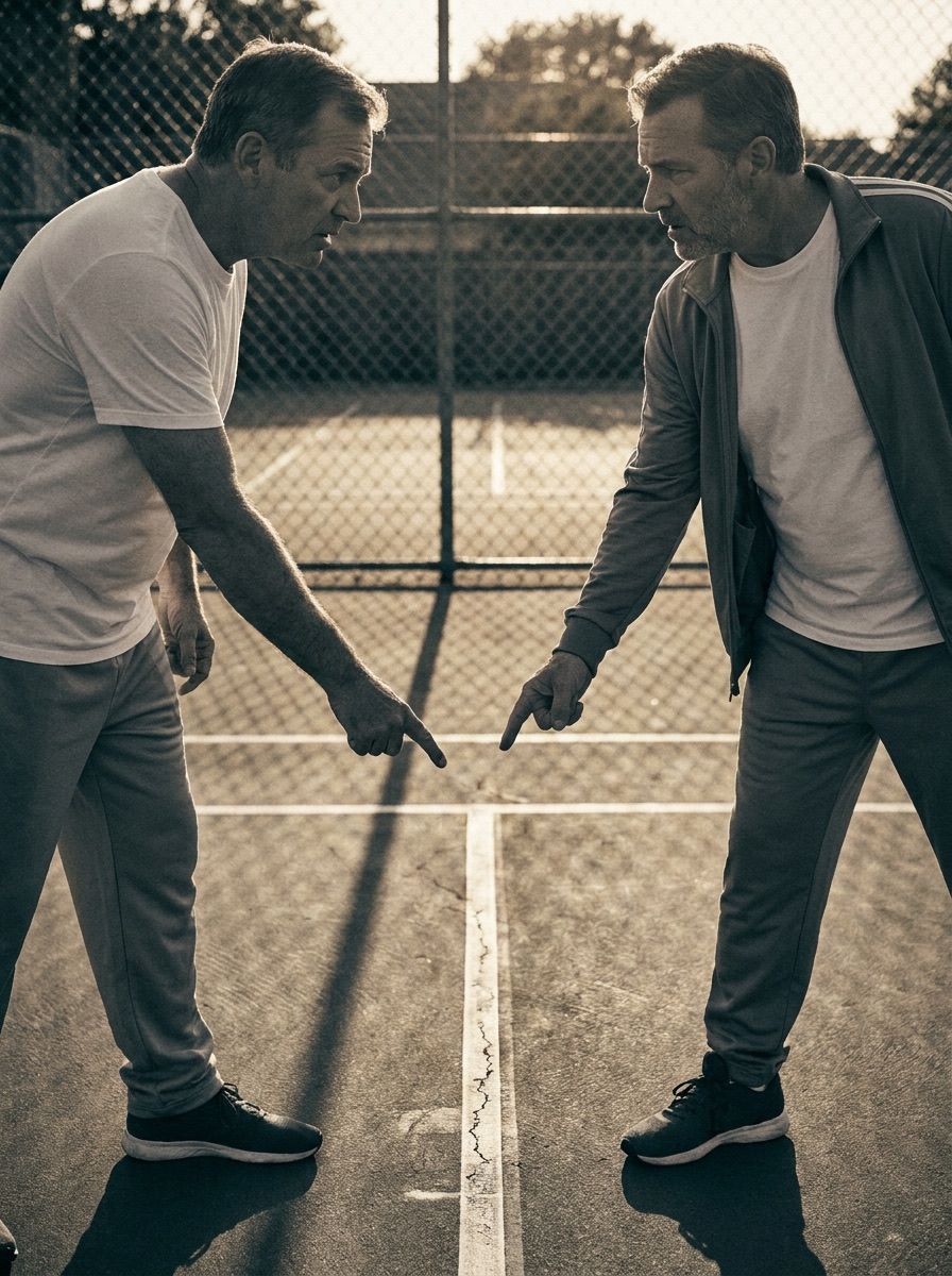 Two men on a suburban court pointing at the same spot on the boundary line, mid-argument