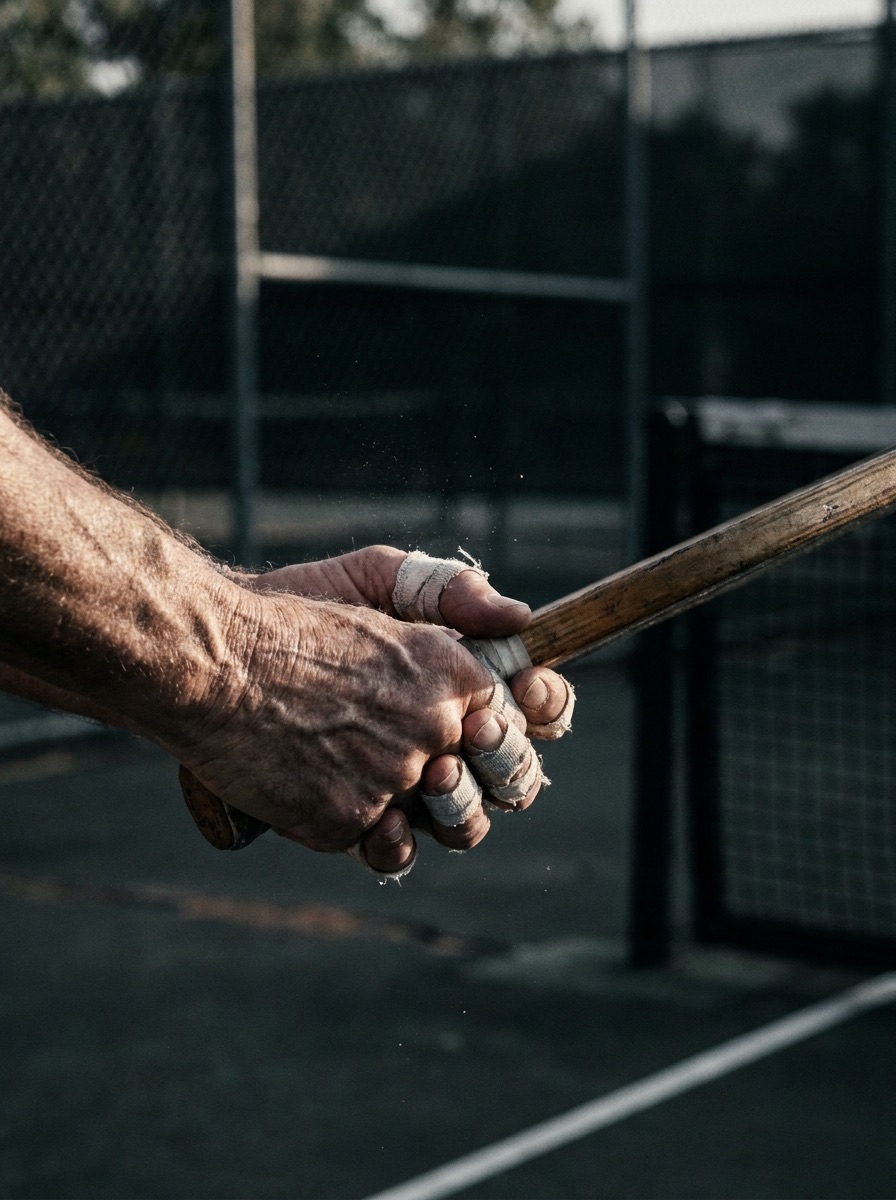 Close-up of taped hands gripping a pickleball paddle handle