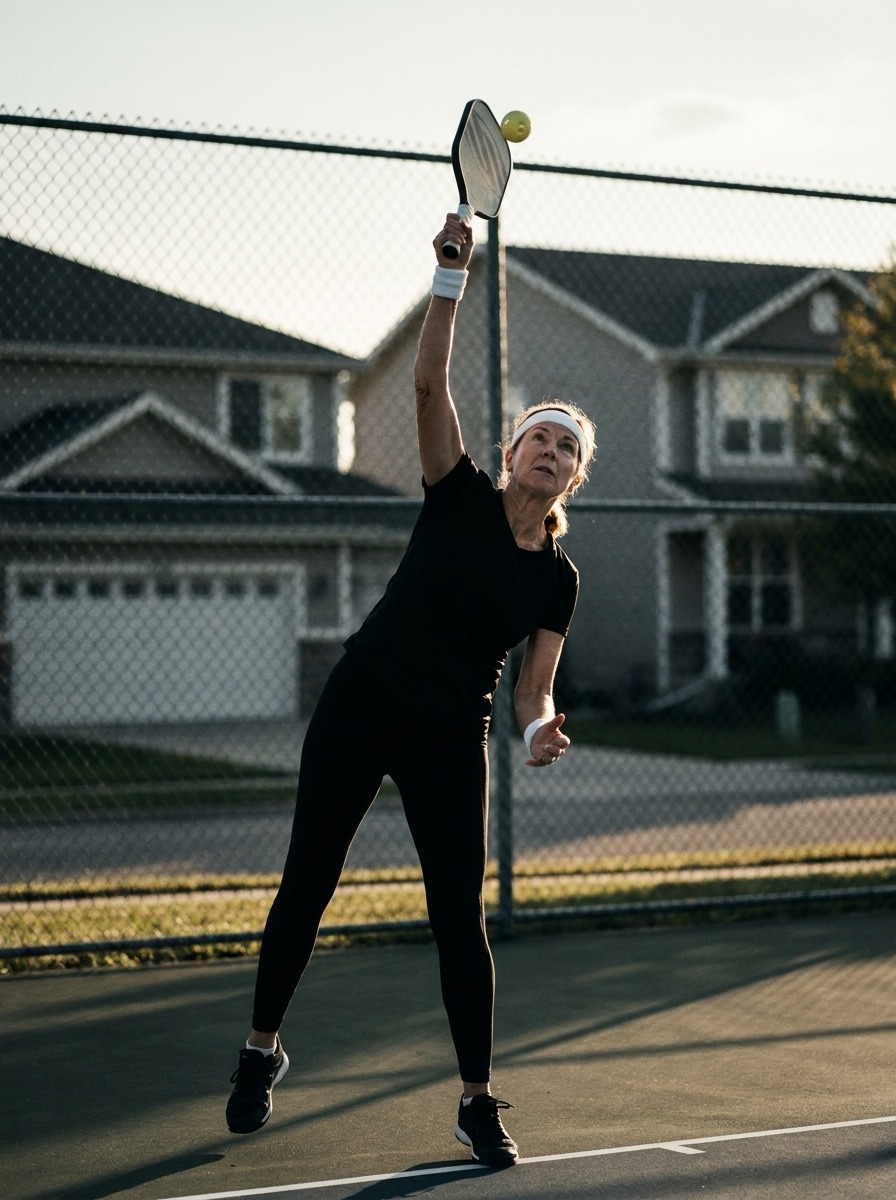 A woman mid-serve on an outdoor suburban pickleball court at golden hour