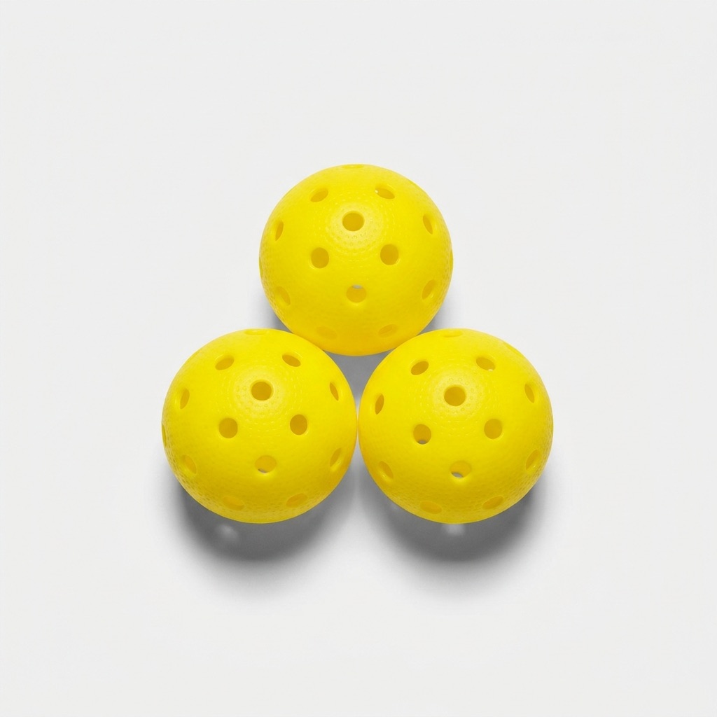 Three yellow perforated pickleballs arranged in a triangle on a light grey studio background