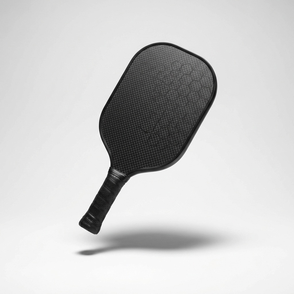 Matte black carbon-fibre pickleball paddle photographed on a light grey studio background