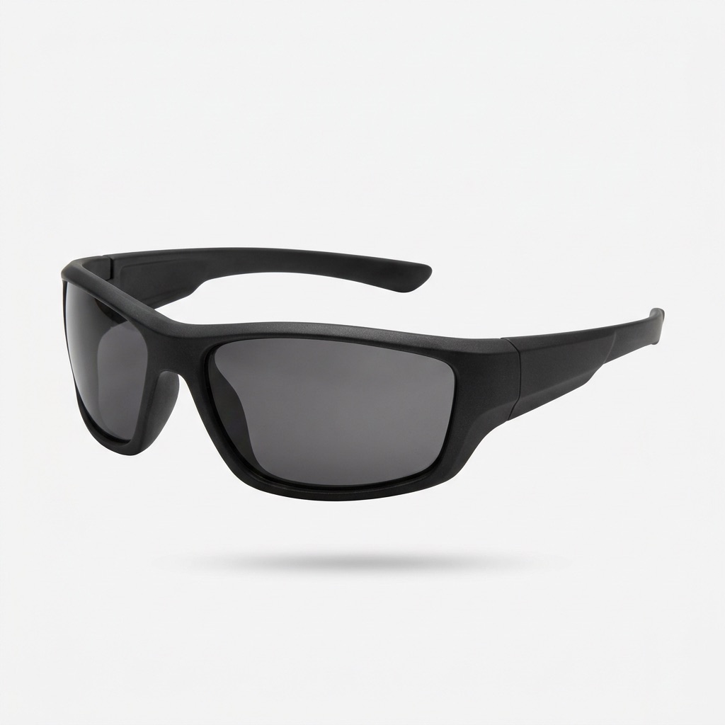 Matte black wraparound sport sunglasses on a light grey studio background